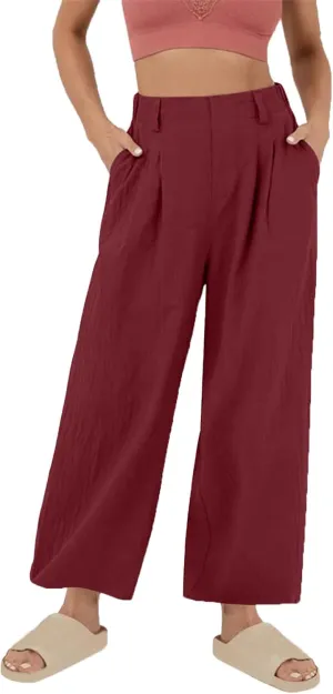 Linen Pants for Women Summer Trendy Loose Fit Wide Leg Pants Fashion High Waisted Straight Leg Trousers with Pockets