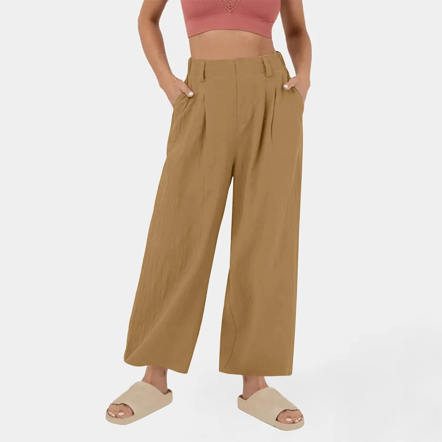 Linen Pants for Women Summer Trendy Loose Fit Wide Leg Pants Fashion High Waisted Straight Leg Trousers with Pockets