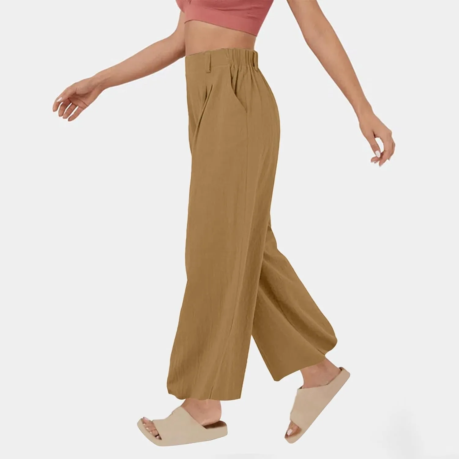 Linen Pants for Women Summer Trendy Loose Fit Wide Leg Pants Fashion High Waisted Straight Leg Trousers with Pockets