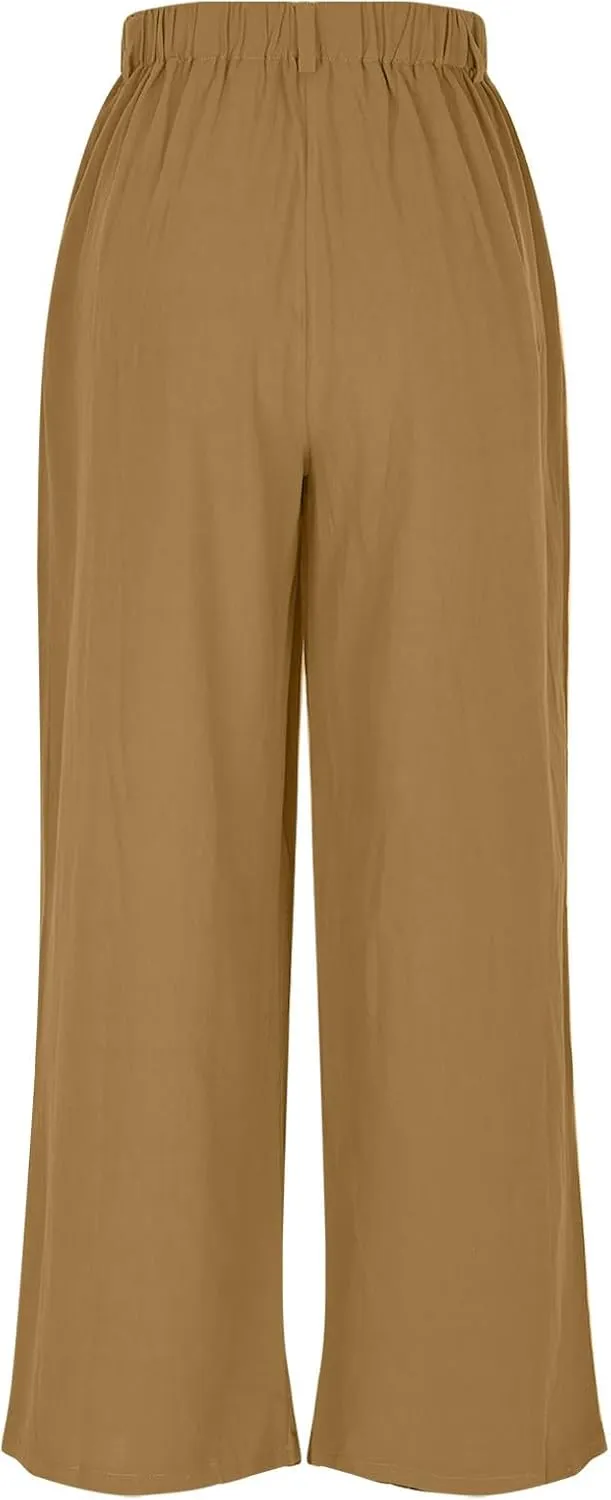Linen Pants for Women Summer Trendy Loose Fit Wide Leg Pants Fashion High Waisted Straight Leg Trousers with Pockets
