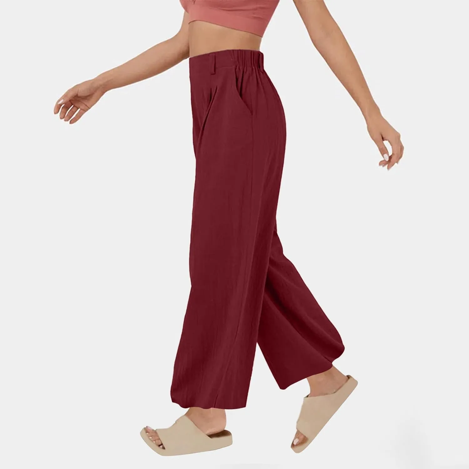 Linen Pants for Women Summer Trendy Loose Fit Wide Leg Pants Fashion High Waisted Straight Leg Trousers with Pockets