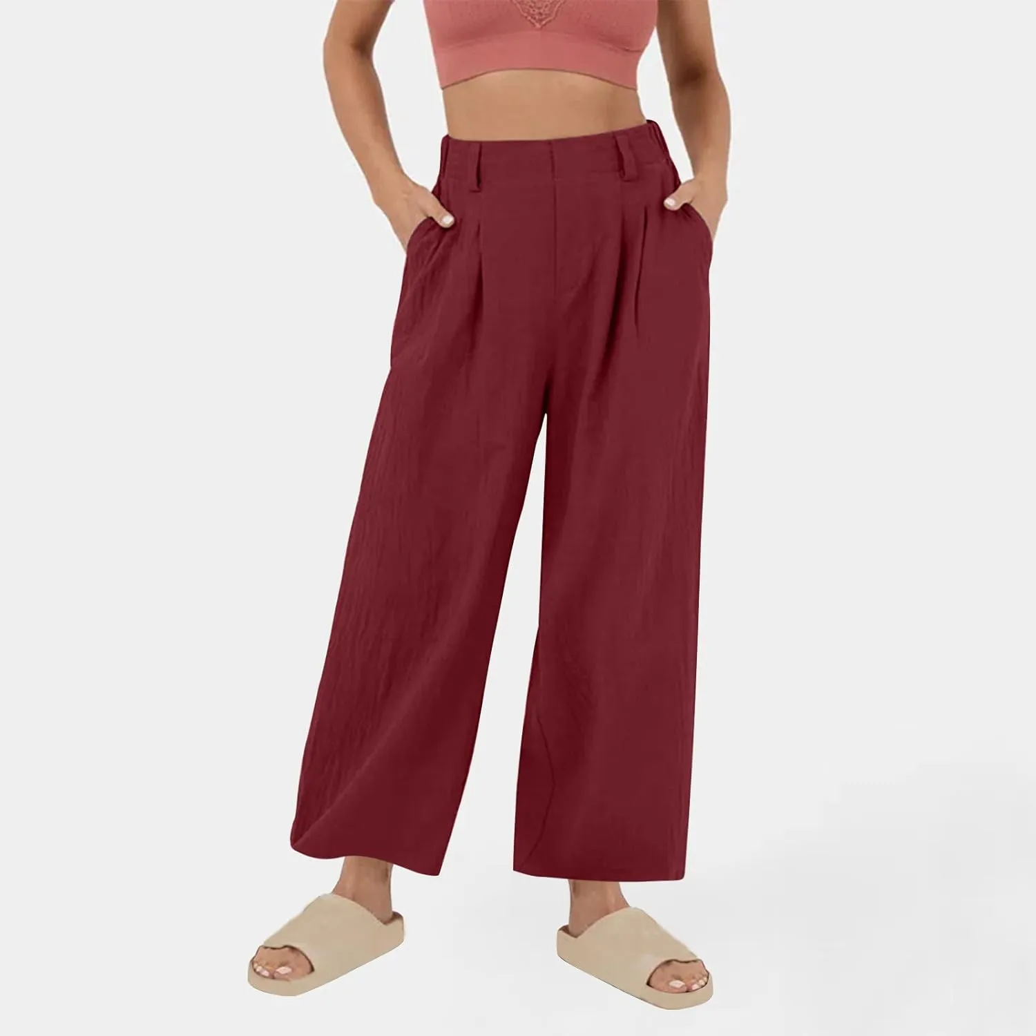Linen Pants for Women Summer Trendy Loose Fit Wide Leg Pants Fashion High Waisted Straight Leg Trousers with Pockets
