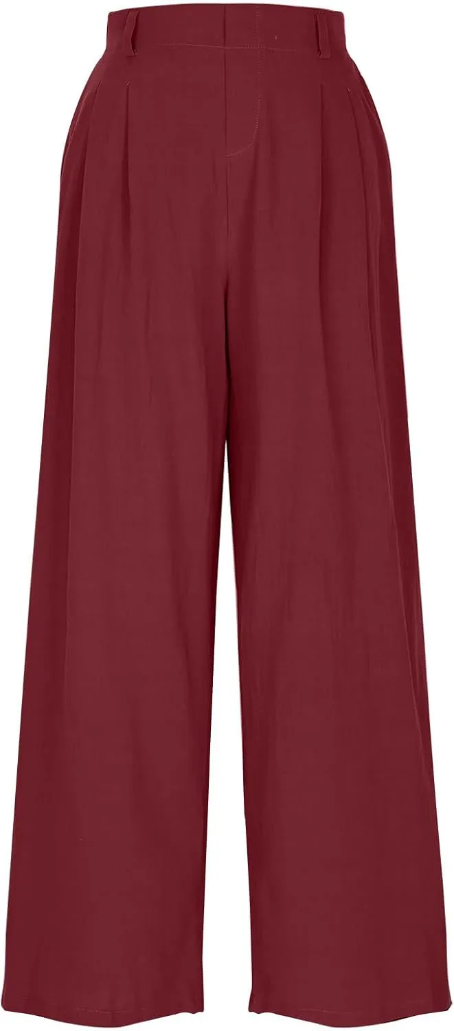 Linen Pants for Women Summer Trendy Loose Fit Wide Leg Pants Fashion High Waisted Straight Leg Trousers with Pockets