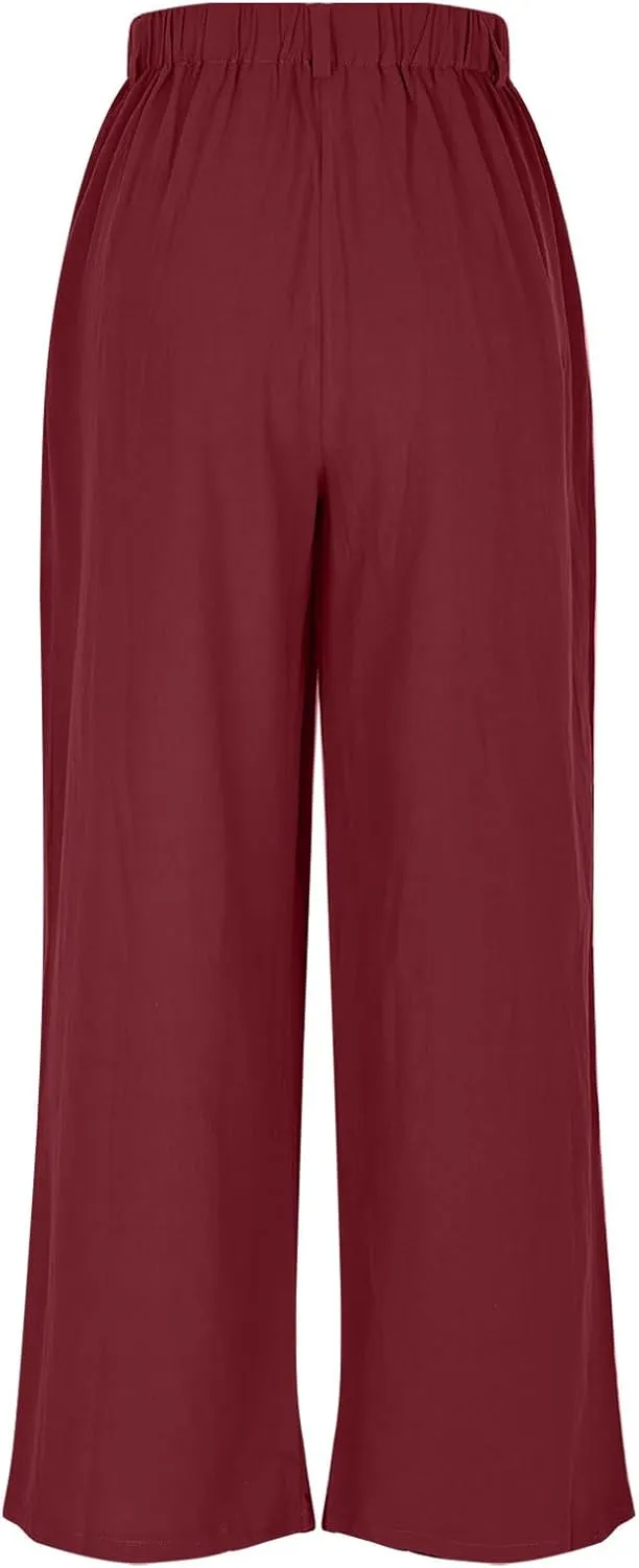 Linen Pants for Women Summer Trendy Loose Fit Wide Leg Pants Fashion High Waisted Straight Leg Trousers with Pockets
