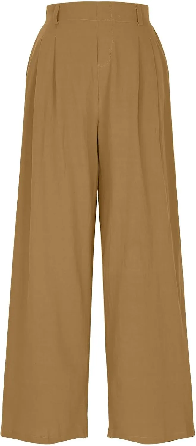Linen Pants for Women Summer Trendy Loose Fit Wide Leg Pants Fashion High Waisted Straight Leg Trousers with Pockets