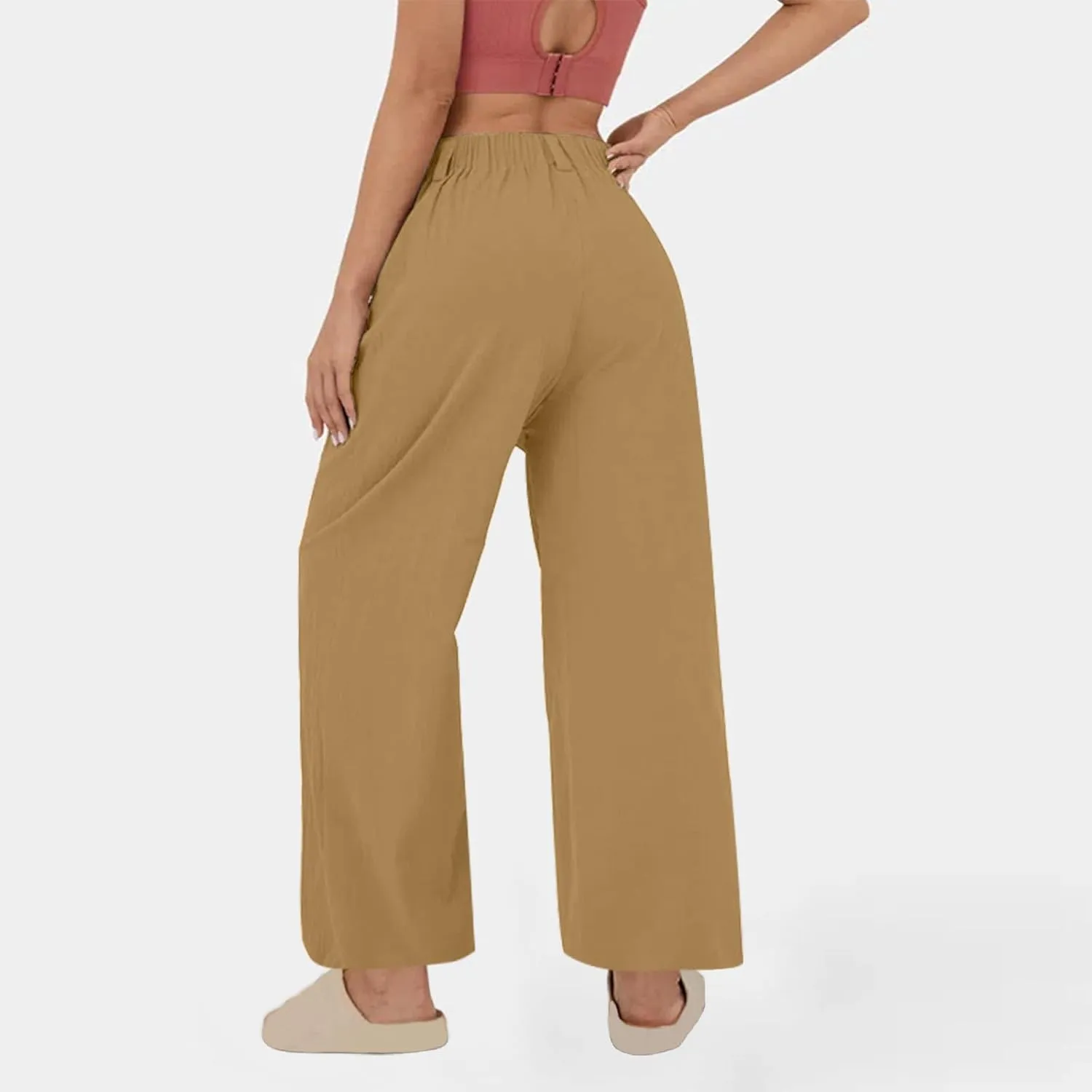 Linen Pants for Women Summer Trendy Loose Fit Wide Leg Pants Fashion High Waisted Straight Leg Trousers with Pockets