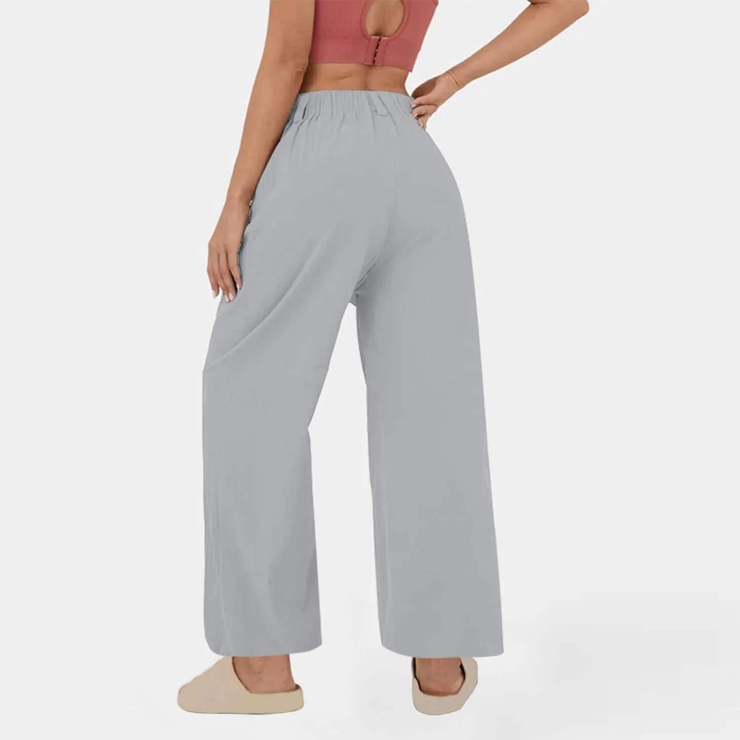 Linen Pants for Women Summer Trendy Loose Fit Wide Leg Pants Fashion High Waisted Straight Leg Trousers with Pockets