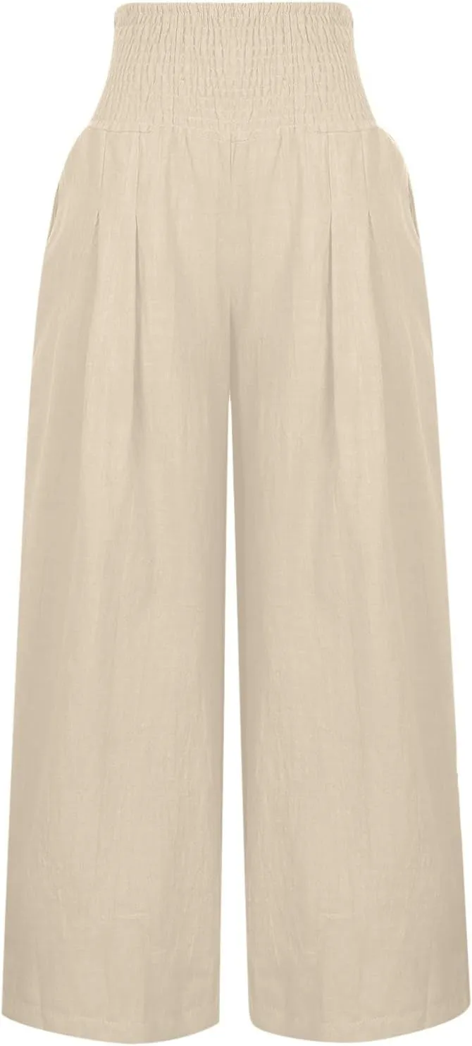 Linen Pants Women 2025 Summer Flowy Palazzo Pants Wide Leg Beach Pants High Waisted Lounge Vacation Trousers