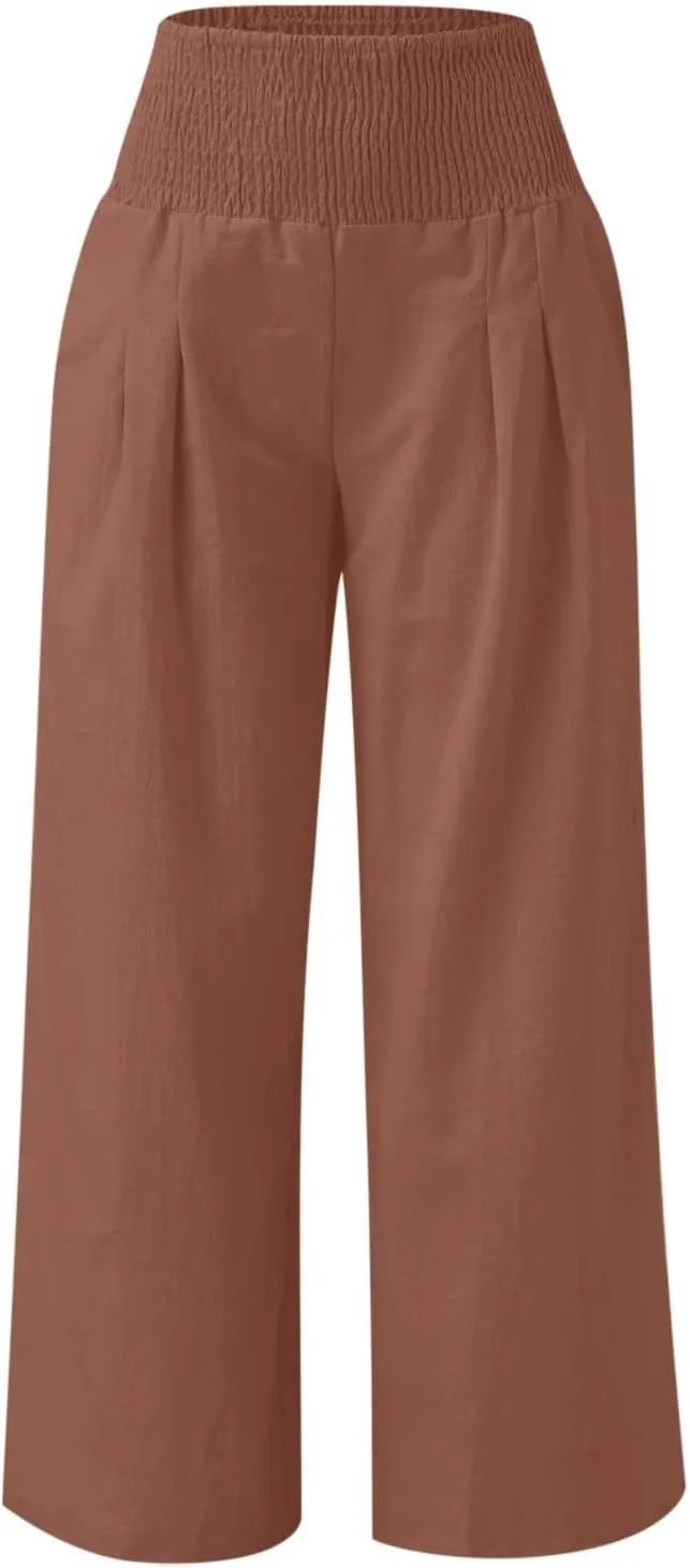 Linen Pants Women 2025 Summer Flowy Palazzo Pants Wide Leg Beach Pants High Waisted Lounge Vacation Trousers