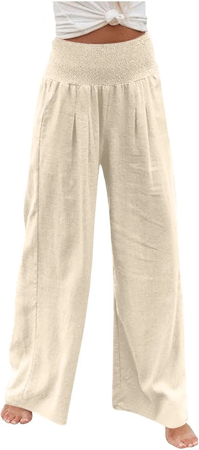 Linen Pants Women 2025 Summer Flowy Palazzo Pants Wide Leg Beach Pants High Waisted Lounge Vacation Trousers