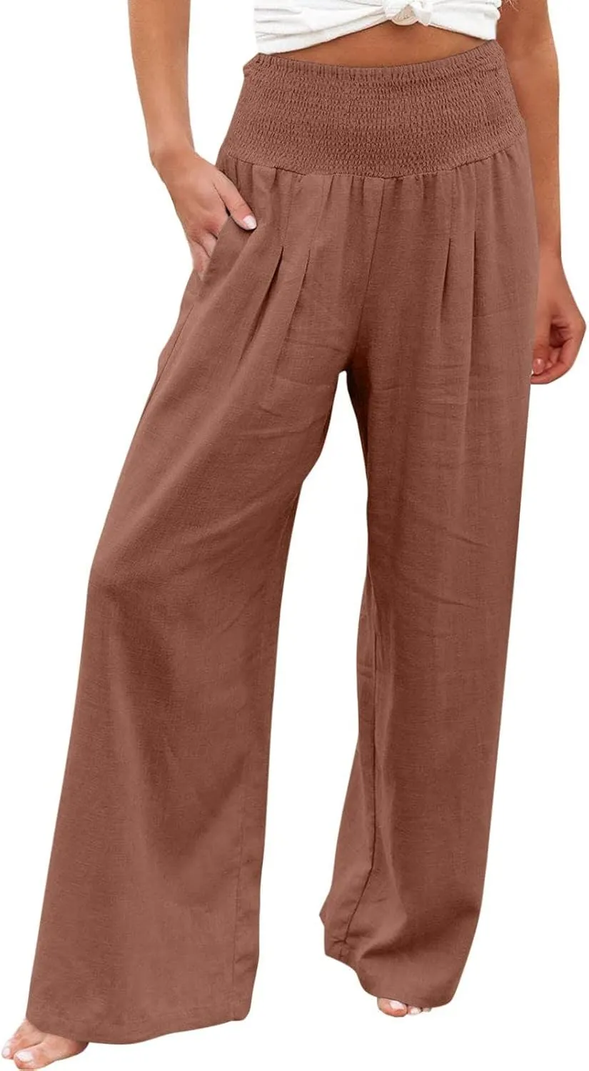 Linen Pants Women 2025 Summer Flowy Palazzo Pants Wide Leg Beach Pants High Waisted Lounge Vacation Trousers