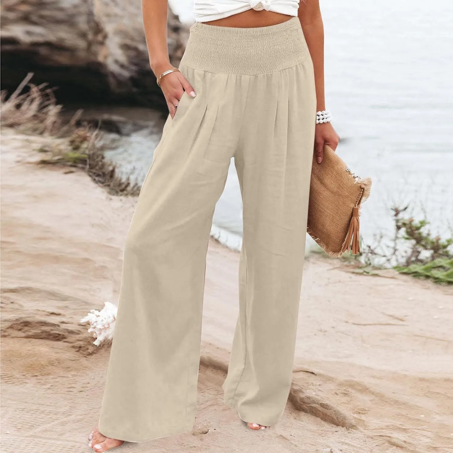 Linen Pants Women 2025 Summer Flowy Palazzo Pants Wide Leg Beach Pants High Waisted Lounge Vacation Trousers