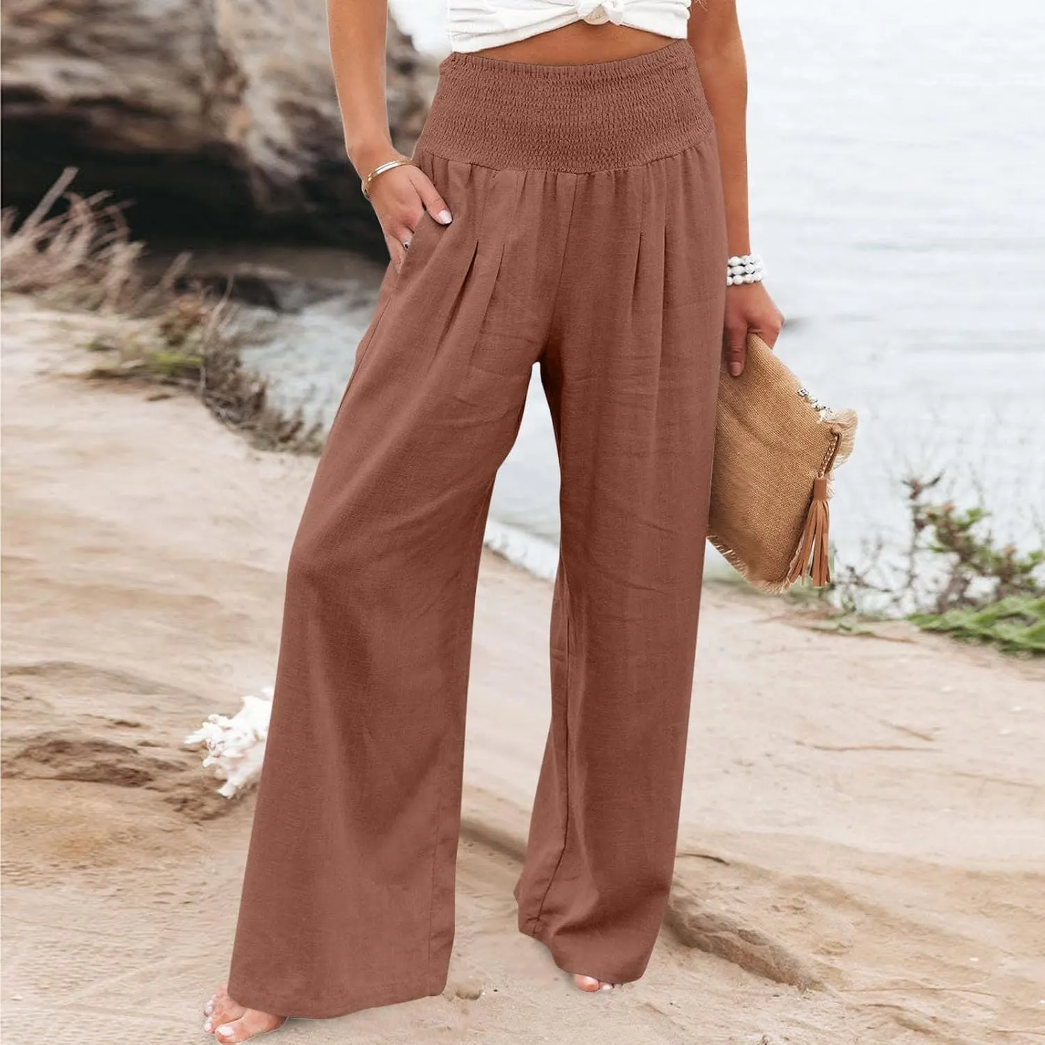 Linen Pants Women 2025 Summer Flowy Palazzo Pants Wide Leg Beach Pants High Waisted Lounge Vacation Trousers