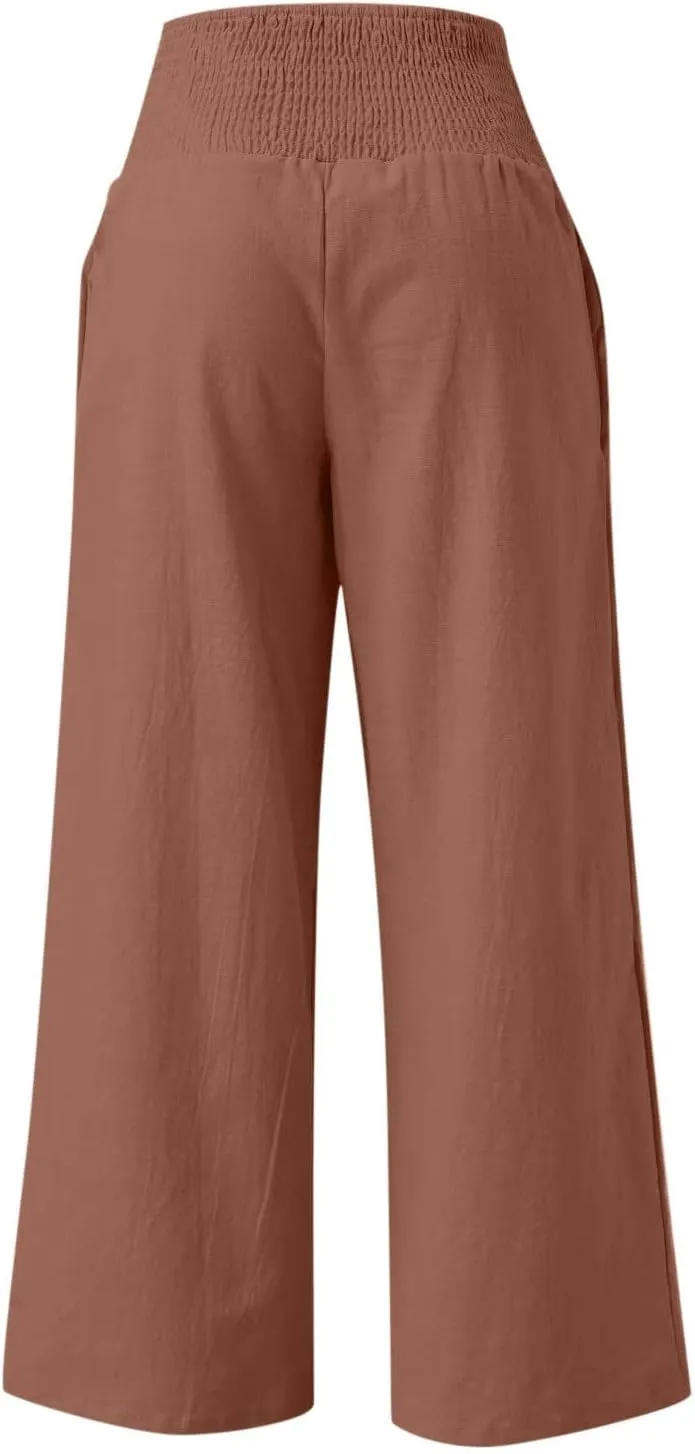 Linen Pants Women 2025 Summer Flowy Palazzo Pants Wide Leg Beach Pants High Waisted Lounge Vacation Trousers