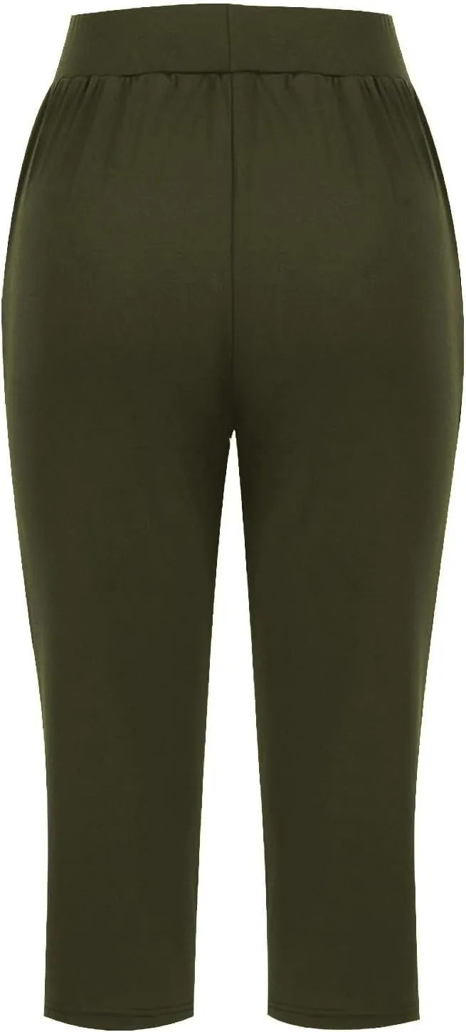 Linen Pants Women Elastic Waist Petite Short Summer Womens Capris Cotton Loose Capri Pants for Women Stretch Cargo