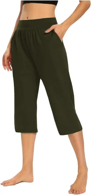 Linen Pants Women Elastic Waist Petite Short Summer Womens Capris Cotton Loose Capri Pants for Women Stretch Cargo