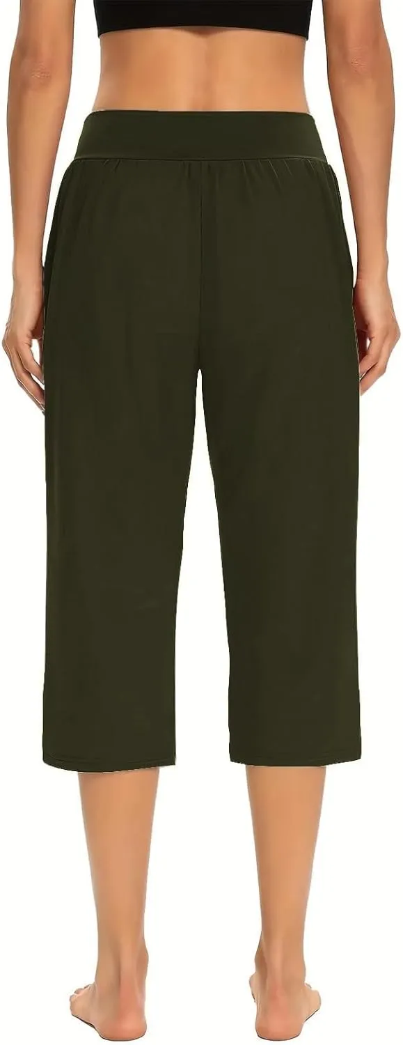 Linen Pants Women Elastic Waist Petite Short Summer Womens Capris Cotton Loose Capri Pants for Women Stretch Cargo