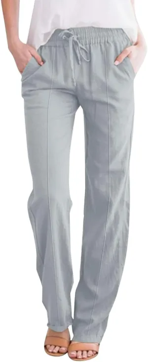 Linen Pants Women Summer Casual Beach Vacation Drawstring High Waist Loose Stright Wide Leg Pants Trouser for Women