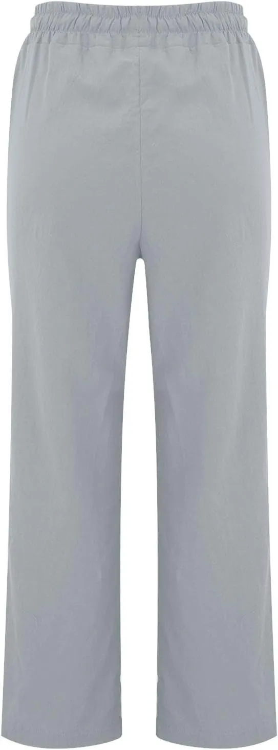 Linen Pants Women Summer Casual Beach Vacation Drawstring High Waist Loose Stright Wide Leg Pants Trouser for Women