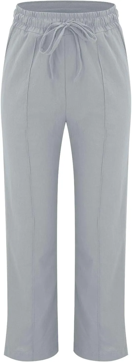 Linen Pants Women Summer Casual Beach Vacation Drawstring High Waist Loose Stright Wide Leg Pants Trouser for Women