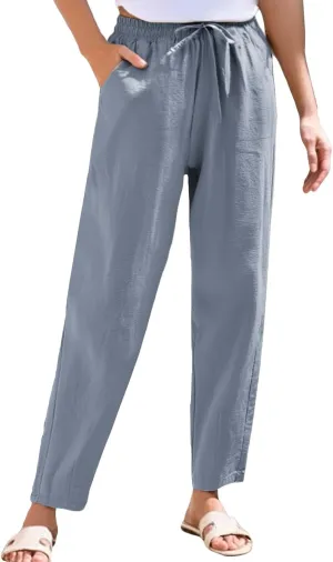 Linen Pants Women Summer Casual High Waisted Straight Leg Beach Pants Drawstring Pants Trousers with Pockets