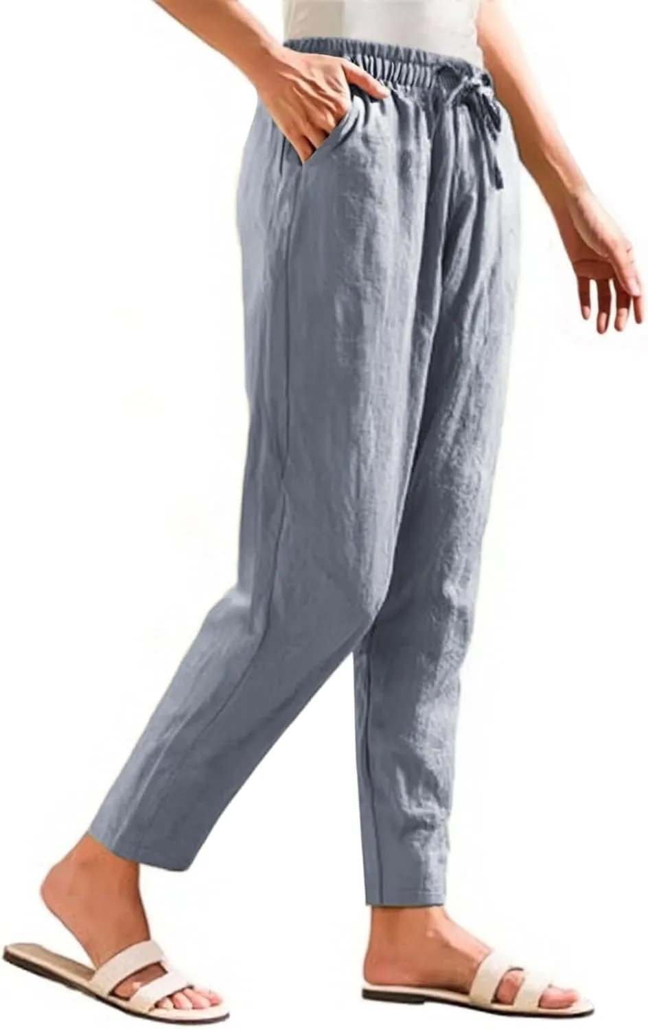 Linen Pants Women Summer Casual High Waisted Straight Leg Beach Pants Drawstring Pants Trousers with Pockets