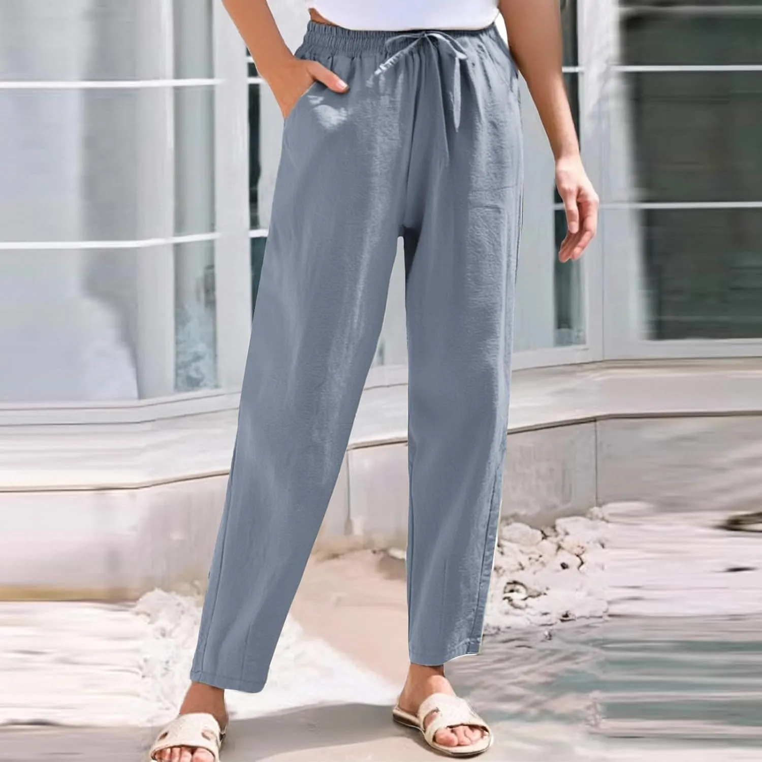 Linen Pants Women Summer Casual High Waisted Straight Leg Beach Pants Drawstring Pants Trousers with Pockets