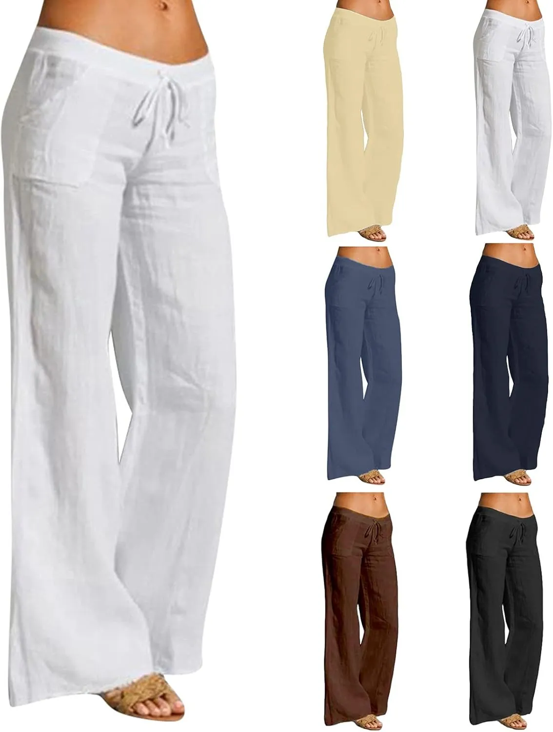 Linen Pants Women Summer, Womens High Waisted Leopard Print Palazzo Pants Belted Wide Leg Long Trousers with Pockets