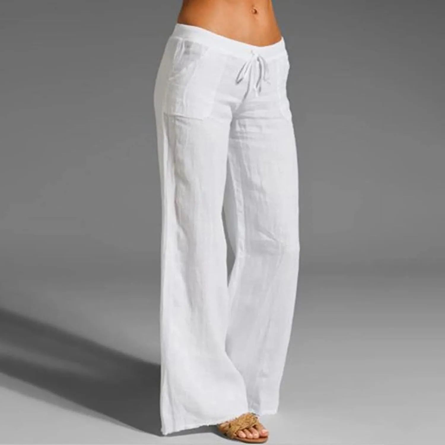 Linen Pants Women Summer, Womens High Waisted Leopard Print Palazzo Pants Belted Wide Leg Long Trousers with Pockets