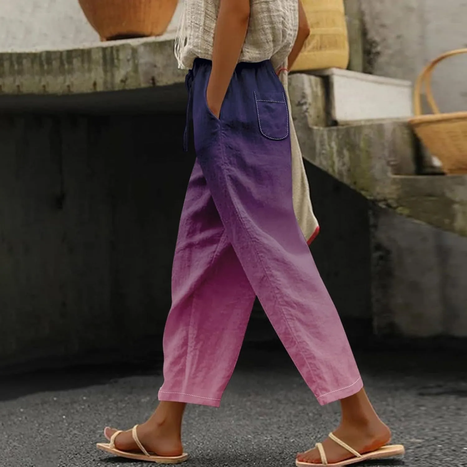 Linen Pants Women Women High Waisted Wide Leg Plus Size Capri Pants Lightweight Capri Trousers S 5XL Capri Pants
