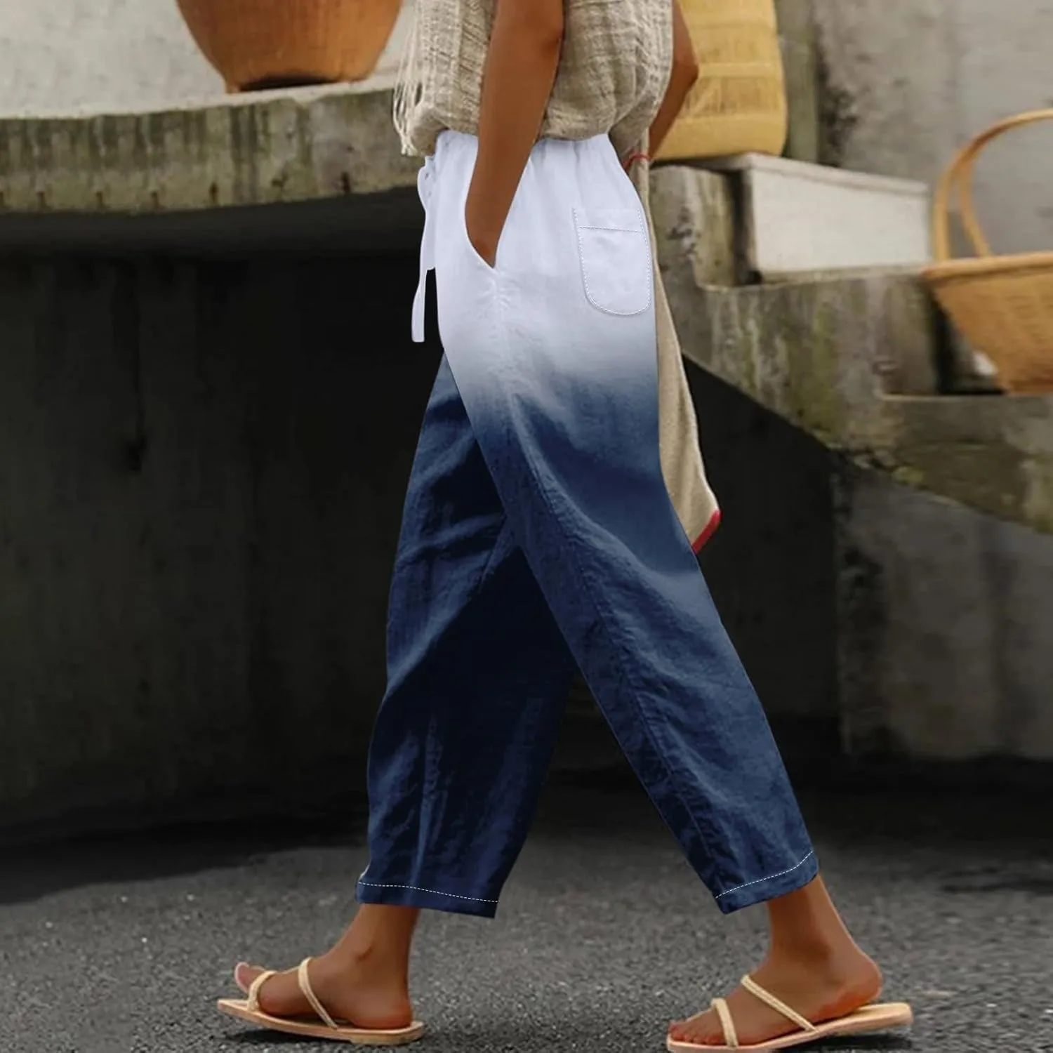 Linen Pants Women Women High Waisted Wide Leg Plus Size Capri Pants Lightweight Capri Trousers S 5XL Capri Pants