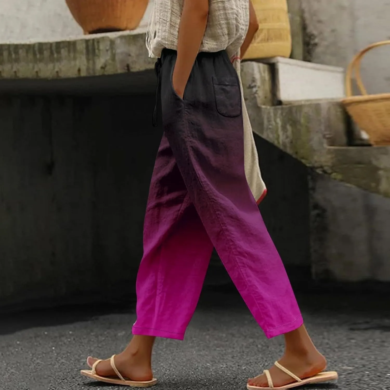 Linen Pants Women Women High Waisted Wide Leg Plus Size Capri Pants Lightweight Capri Trousers S 5XL Capri Pants
