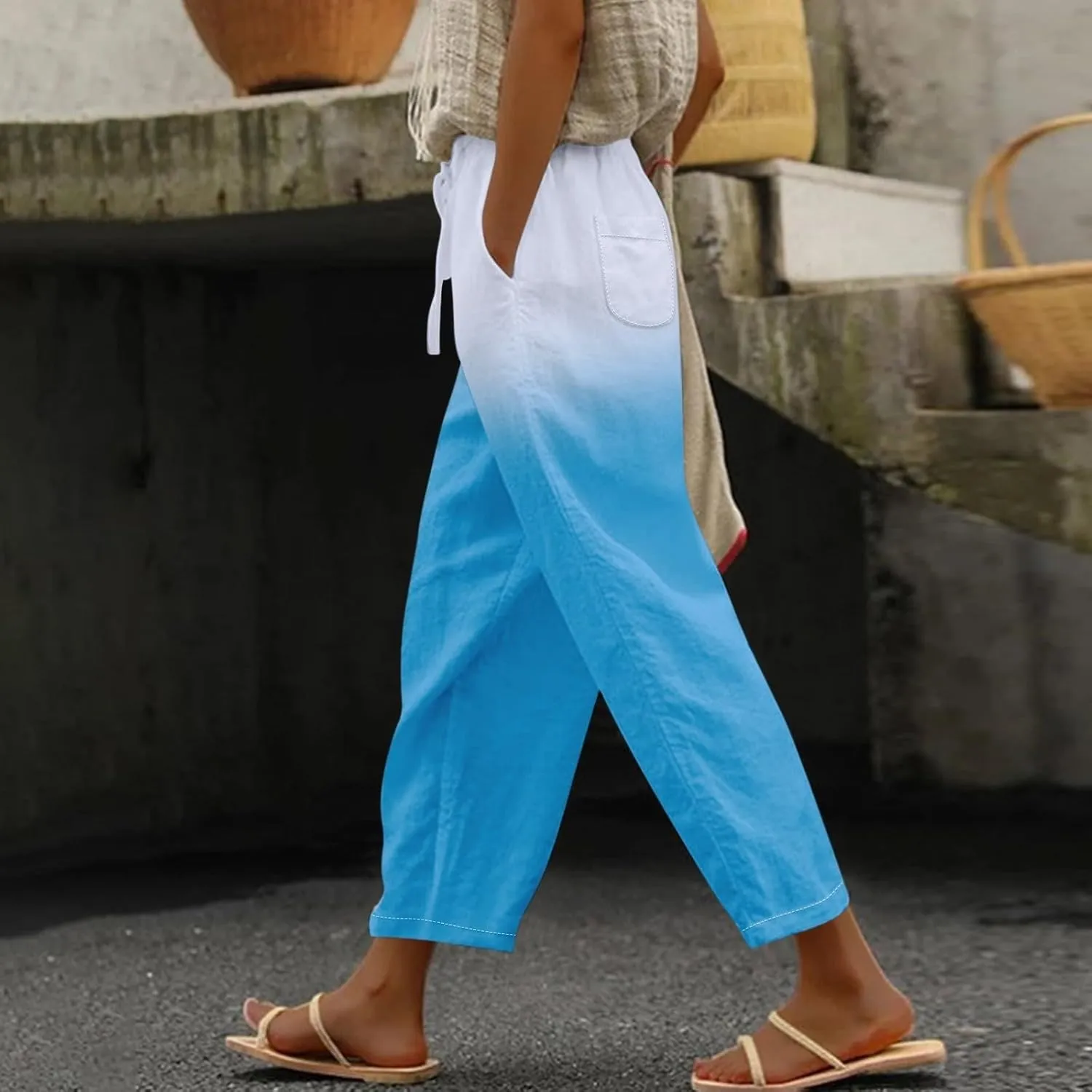 Linen Pants Women Women High Waisted Wide Leg Plus Size Capri Pants Lightweight Capri Trousers S 5XL Capri Pants