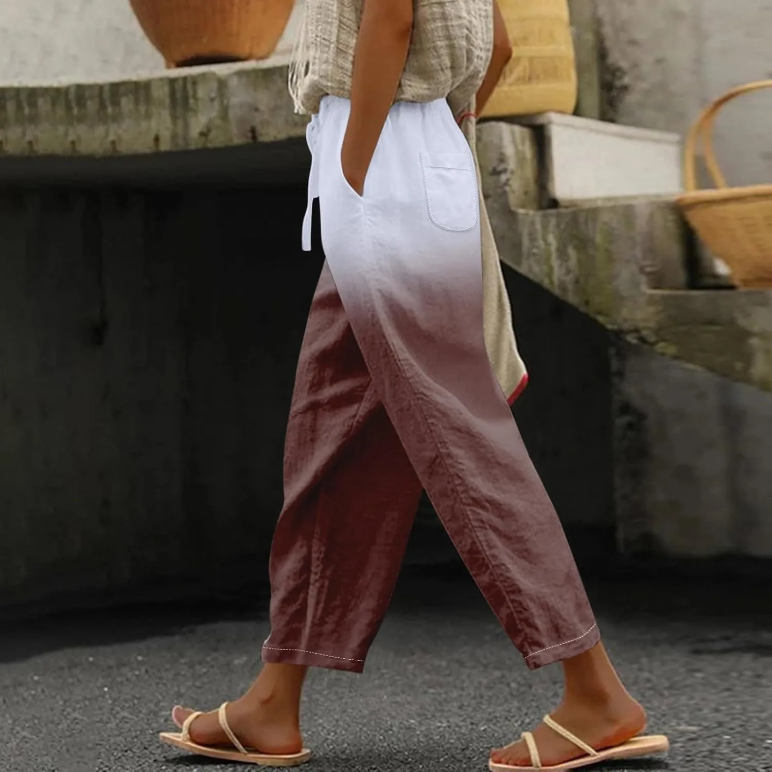 Linen Pants Women Women High Waisted Wide Leg Plus Size Capri Pants Lightweight Capri Trousers S 5XL Capri Pants