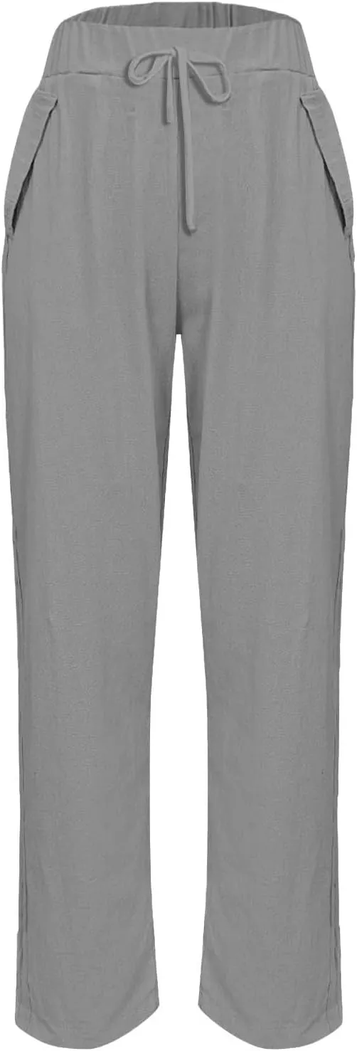 Linen Pants Women's Summer High Elastic Waist Drawstring Palazzo Pants Straight Leg Gauze Slacks Clothes with Pockets
