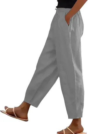 Linen Pants Women's Summer High Elastic Waist Drawstring Palazzo Pants Straight Leg Gauze Slacks Clothes with Pockets