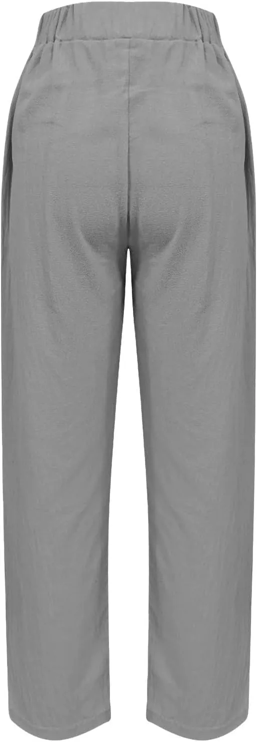 Linen Pants Women's Summer High Elastic Waist Drawstring Palazzo Pants Straight Leg Gauze Slacks Clothes with Pockets