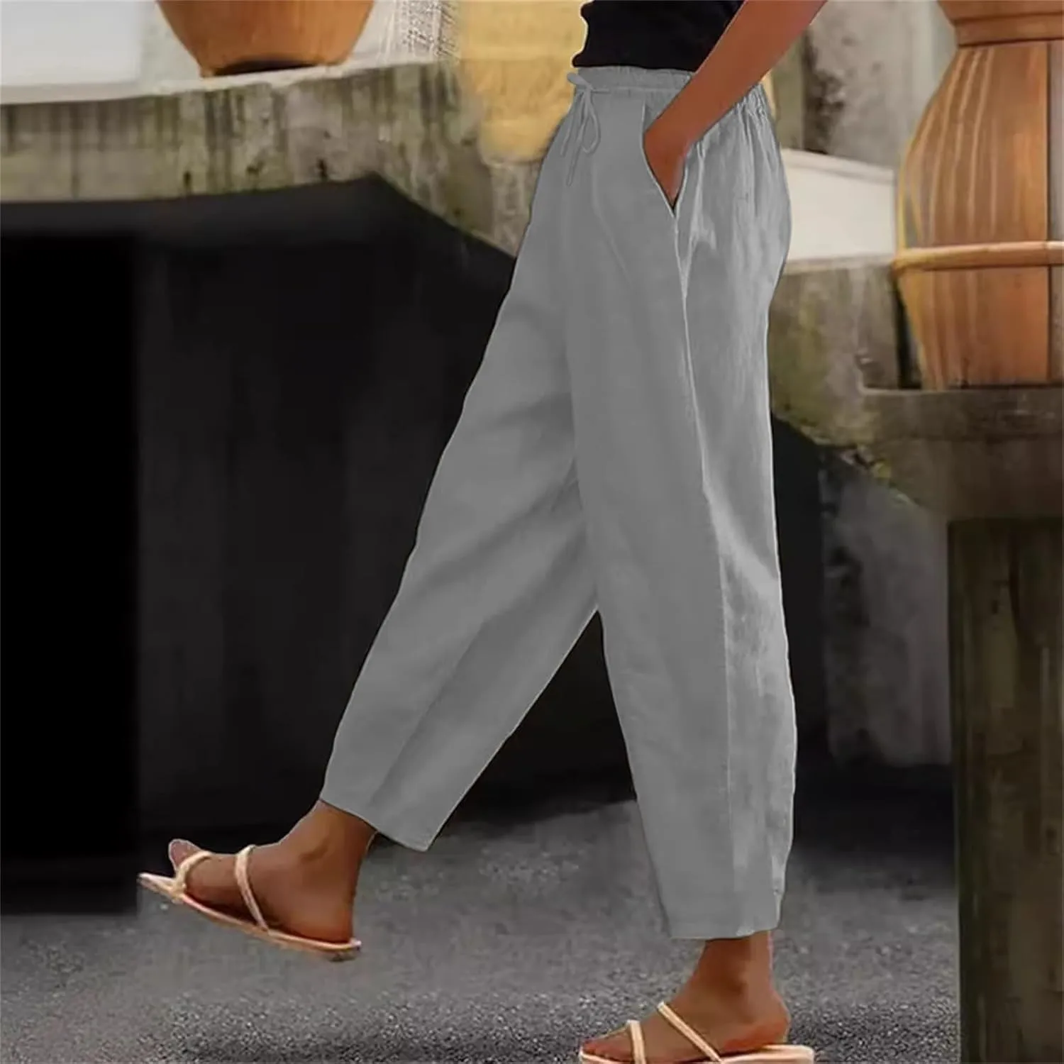 Linen Pants Women's Summer High Elastic Waist Drawstring Palazzo Pants Straight Leg Gauze Slacks Clothes with Pockets