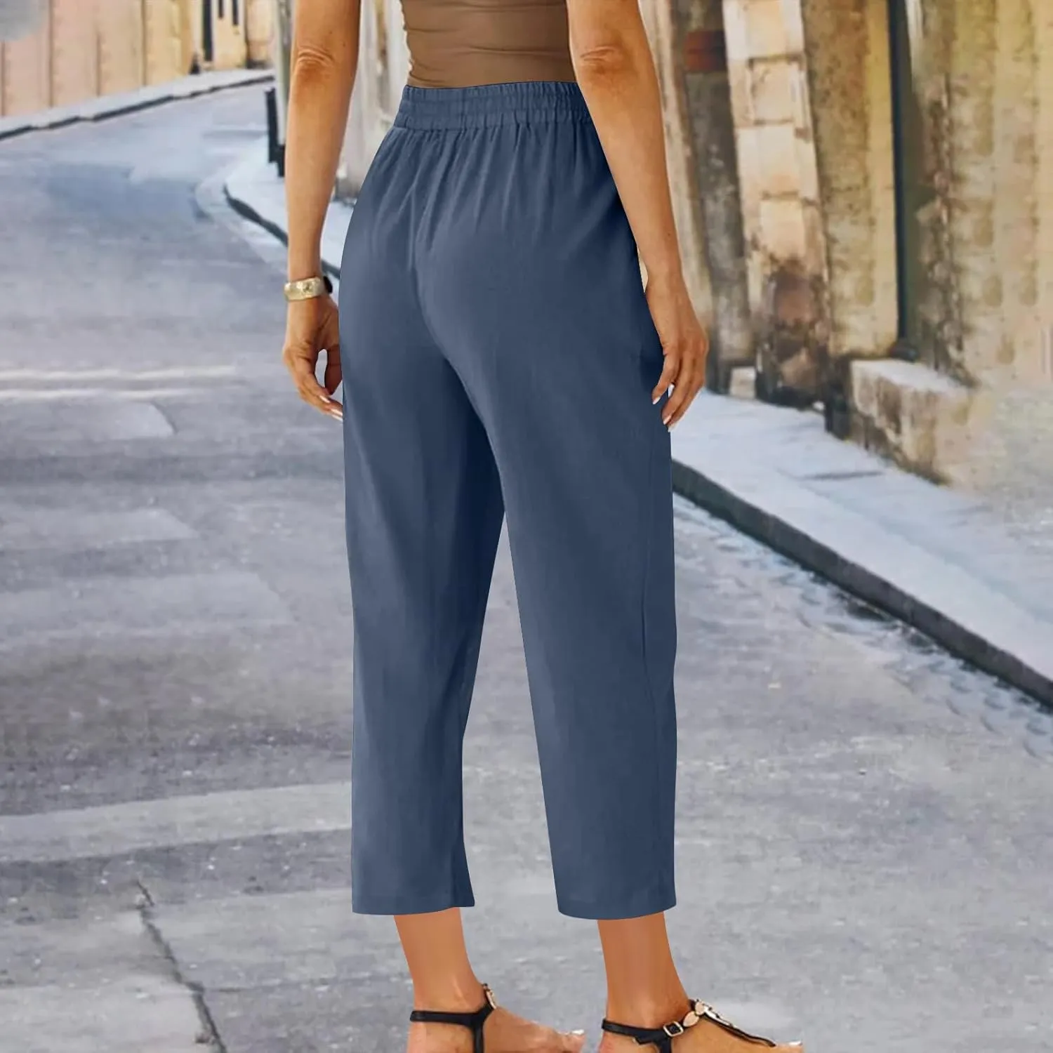 Linen Straight Leg Pants for Women Elastic Waist Ankle Length Pants Summer Casual Beach Trousers with Pockets 2025
