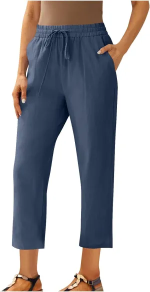Linen Straight Leg Pants for Women Elastic Waist Ankle Length Pants Summer Casual Beach Trousers with Pockets 2025