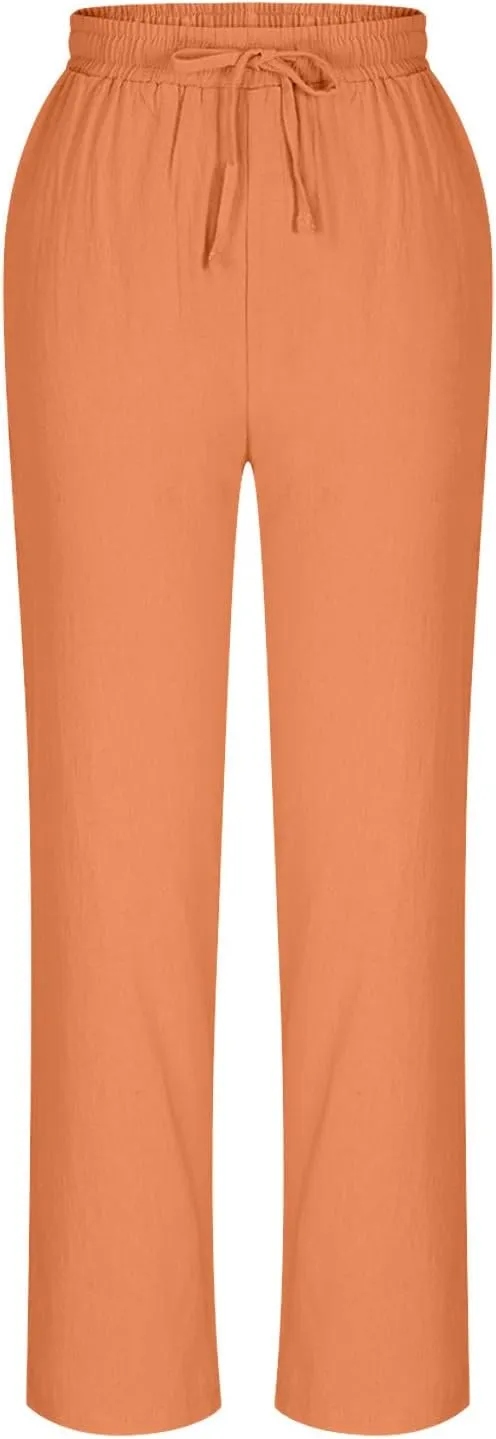 Linen Straight Leg Pants for Women Elastic Waist Ankle Length Pants Summer Casual Beach Trousers with Pockets 2025