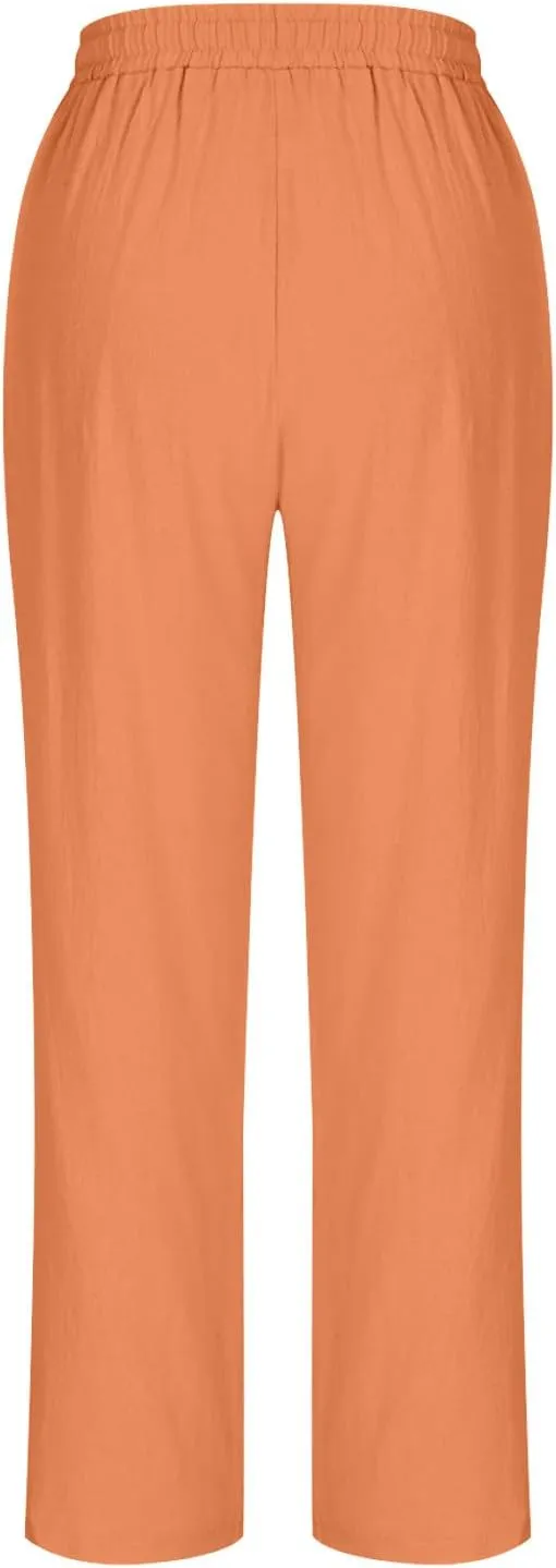 Linen Straight Leg Pants for Women Elastic Waist Ankle Length Pants Summer Casual Beach Trousers with Pockets 2025