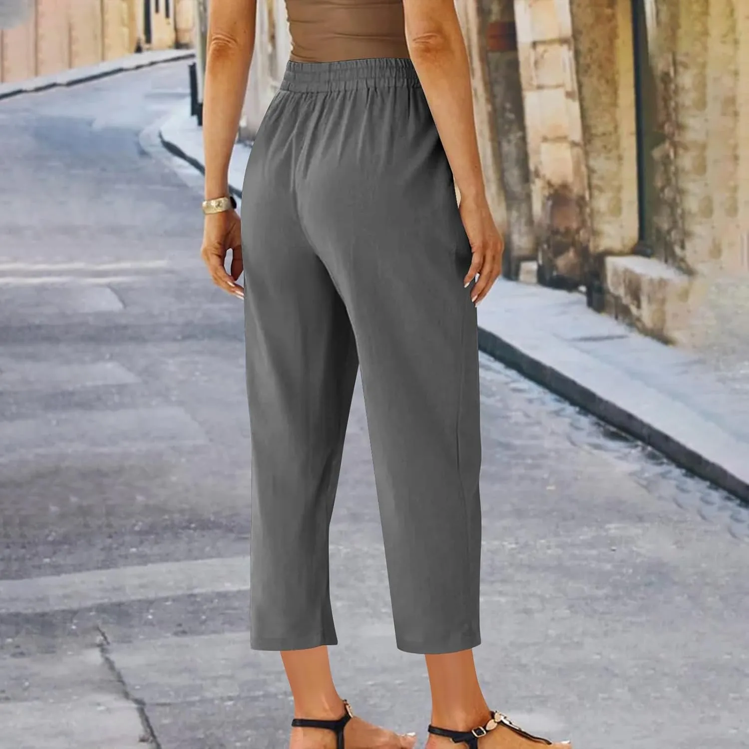 Linen Straight Leg Pants for Women Elastic Waist Ankle Length Pants Summer Casual Beach Trousers with Pockets 2025
