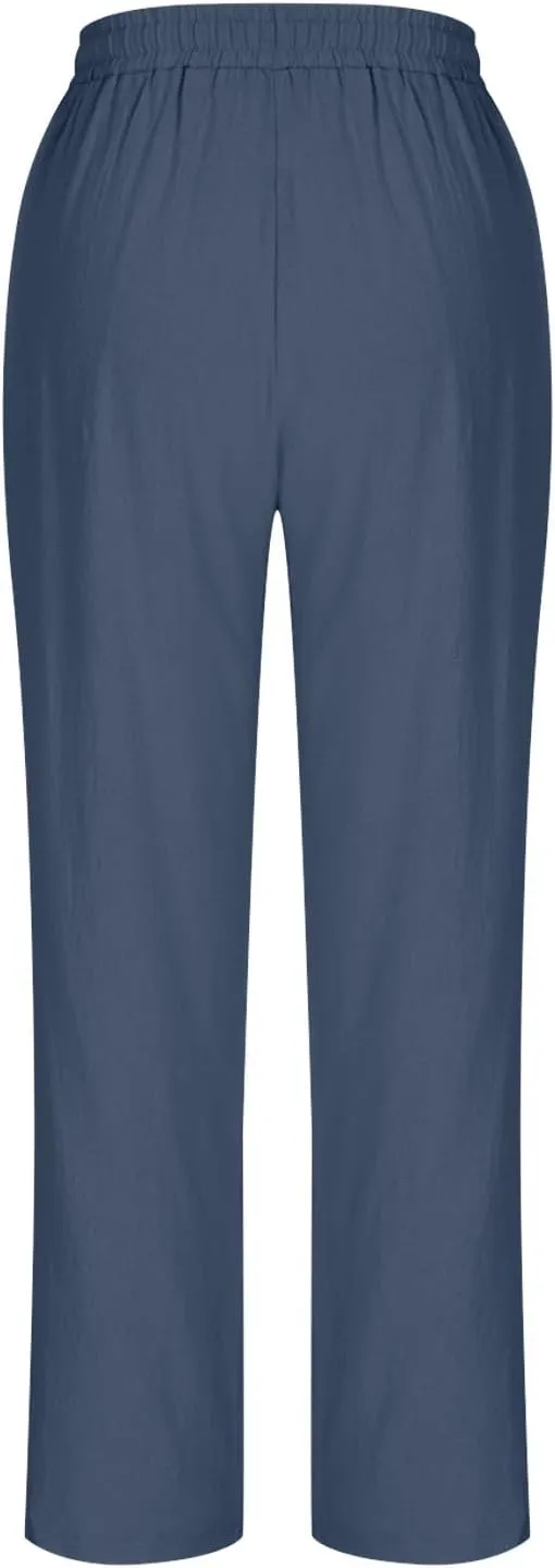 Linen Straight Leg Pants for Women Elastic Waist Ankle Length Pants Summer Casual Beach Trousers with Pockets 2025