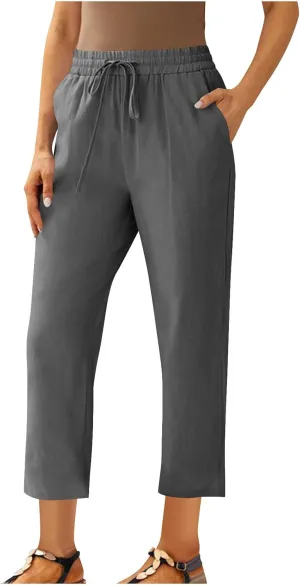 Linen Straight Leg Pants for Women Elastic Waist Ankle Length Pants Summer Casual Beach Trousers with Pockets 2025