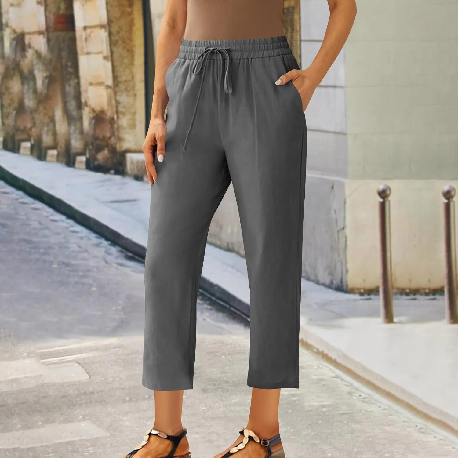 Linen Straight Leg Pants for Women Elastic Waist Ankle Length Pants Summer Casual Beach Trousers with Pockets 2025