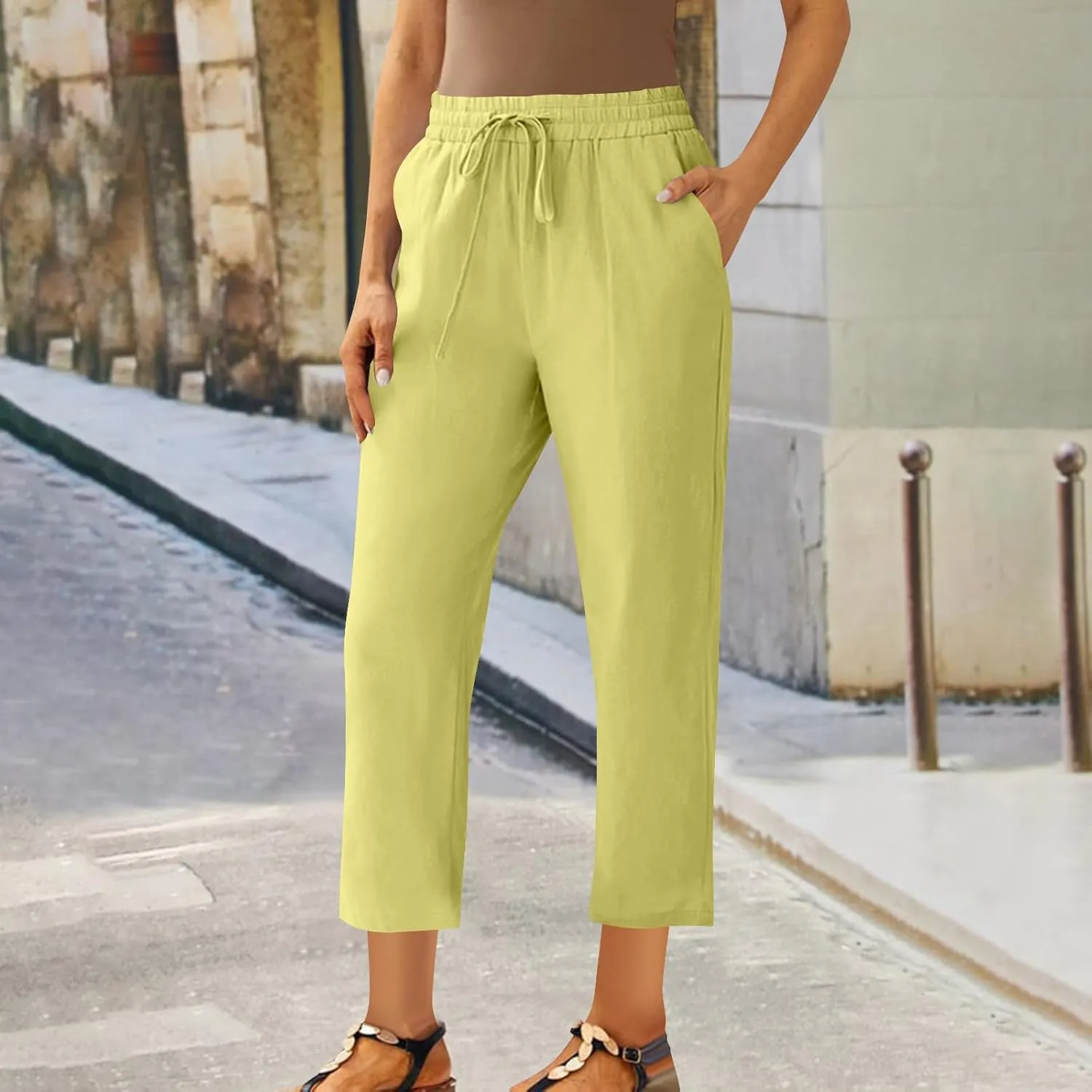 Linen Straight Leg Pants for Women Elastic Waist Ankle Length Pants Summer Casual Beach Trousers with Pockets 2025