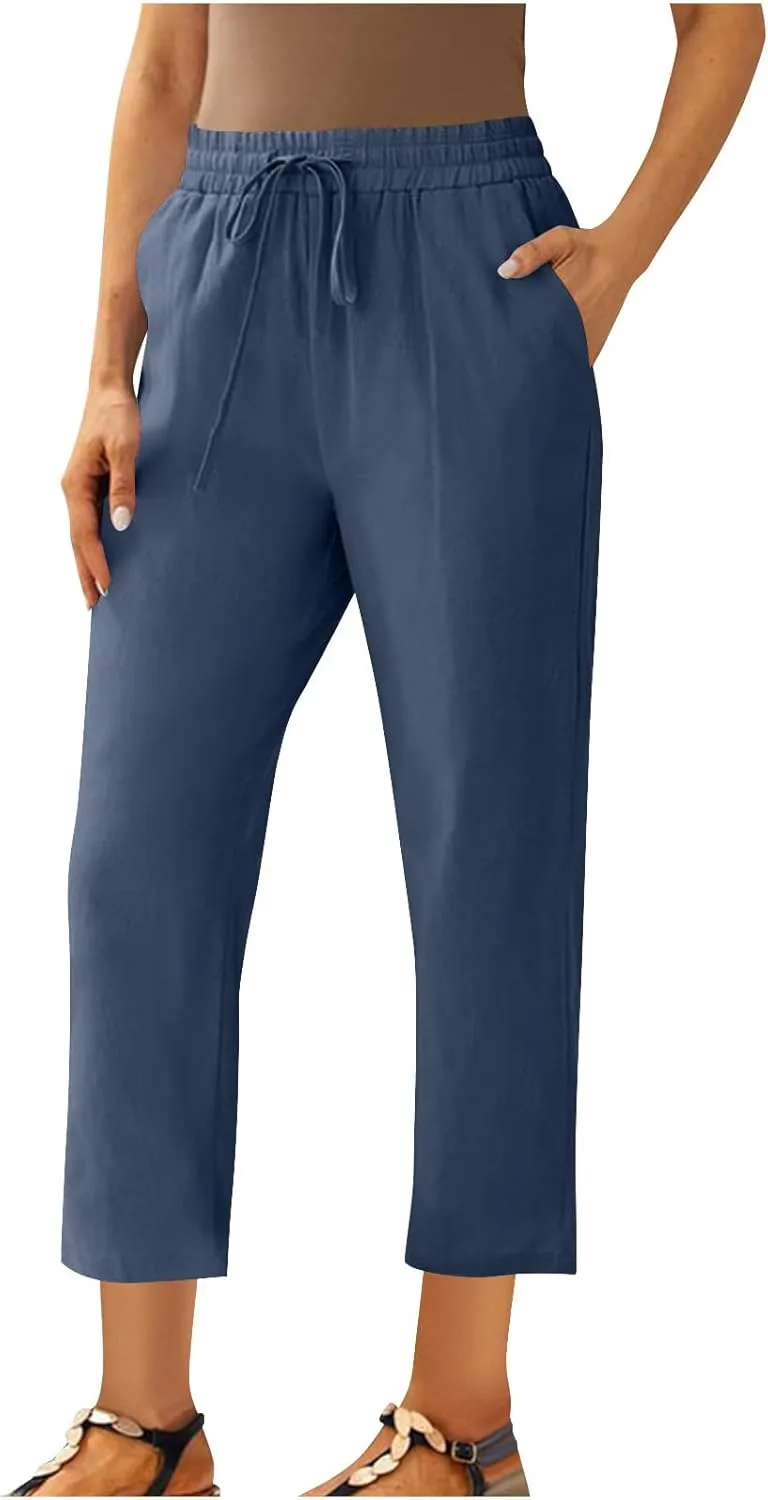 Linen Straight Leg Pants for Women Elastic Waist Ankle Length Pants Summer Casual Beach Trousers with Pockets 2025