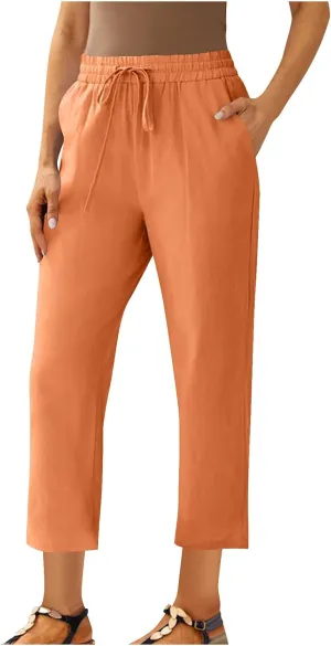 Linen Straight Leg Pants for Women Elastic Waist Ankle Length Pants Summer Casual Beach Trousers with Pockets 2025