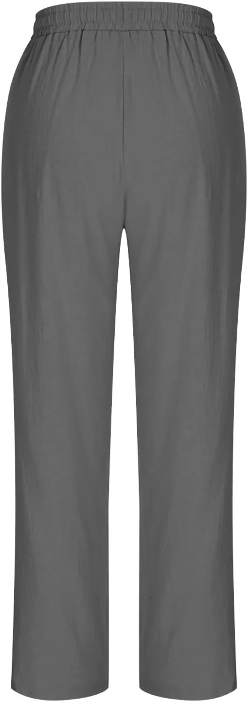 Linen Straight Leg Pants for Women Elastic Waist Ankle Length Pants Summer Casual Beach Trousers with Pockets 2025